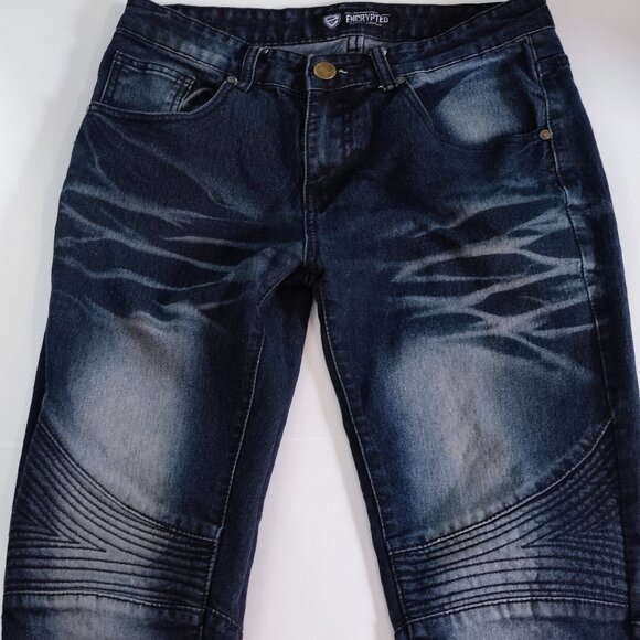 Encrypted jeans moto style indigo blue factory distressed men's size 30X32 - Picture 2 of 14